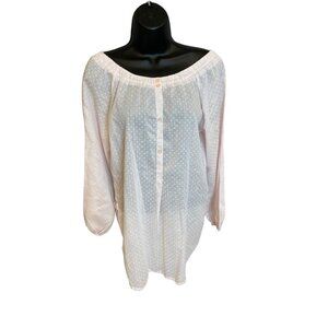 Sheer White Swiss Dot Off-Shoulder Blouse Buttons Size Small Lightweight Casual